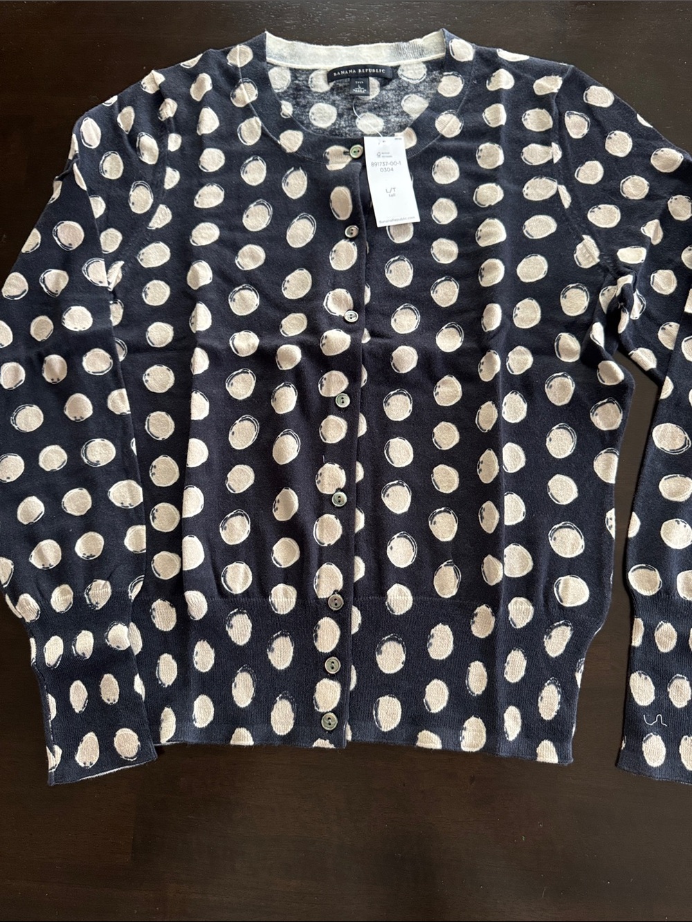 Banana Republic Navy Cardigan with Cream Abstract Polka Dots